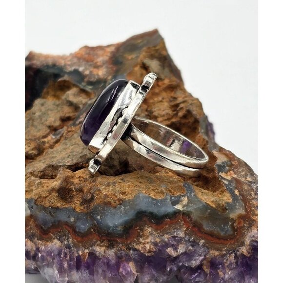 925 Sterling Silver Plt Oval Cabochon Amethyst Ring Sz 6 Bezel Southwest Jewelry - Picture 3 of 6